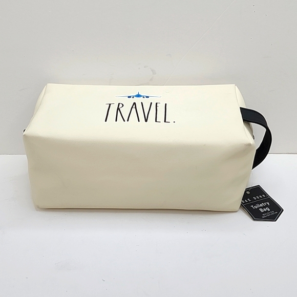 RAE DUNN TOILETRY BAG, CREAM COLOR WITH TWO STORAGE POCKETS INSIDEE - Picture 5 of 12
